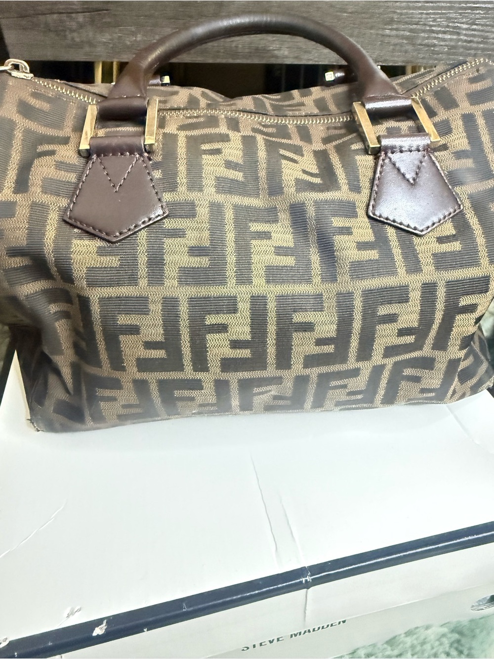 Vintage Fendi Zucca FF 8BL104 Side Lock Boston Bag Brown Canvas Authentic